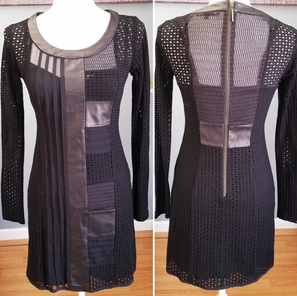 Nanette Lepore Black Mesh, Leather and Sheer Dress